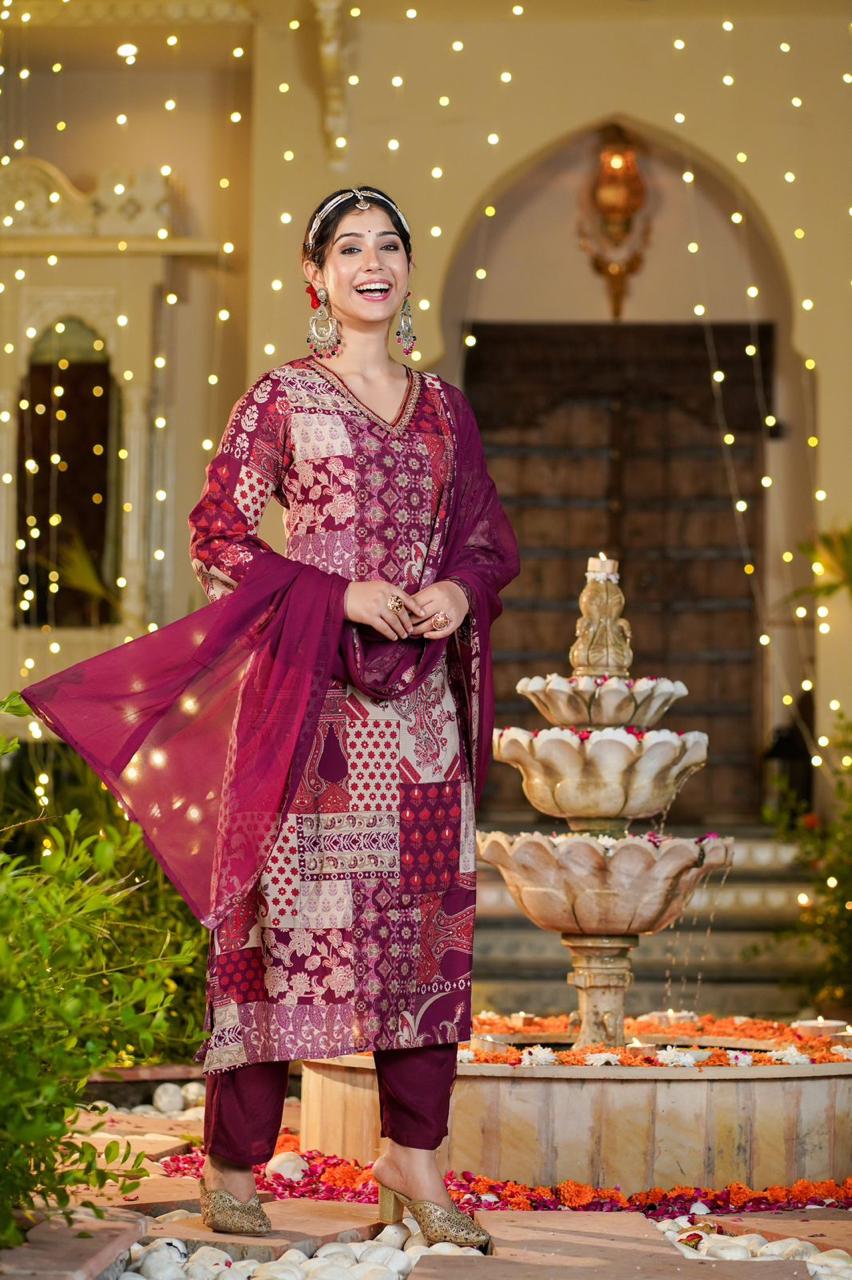 Wine Pakistani A-line Suit Set