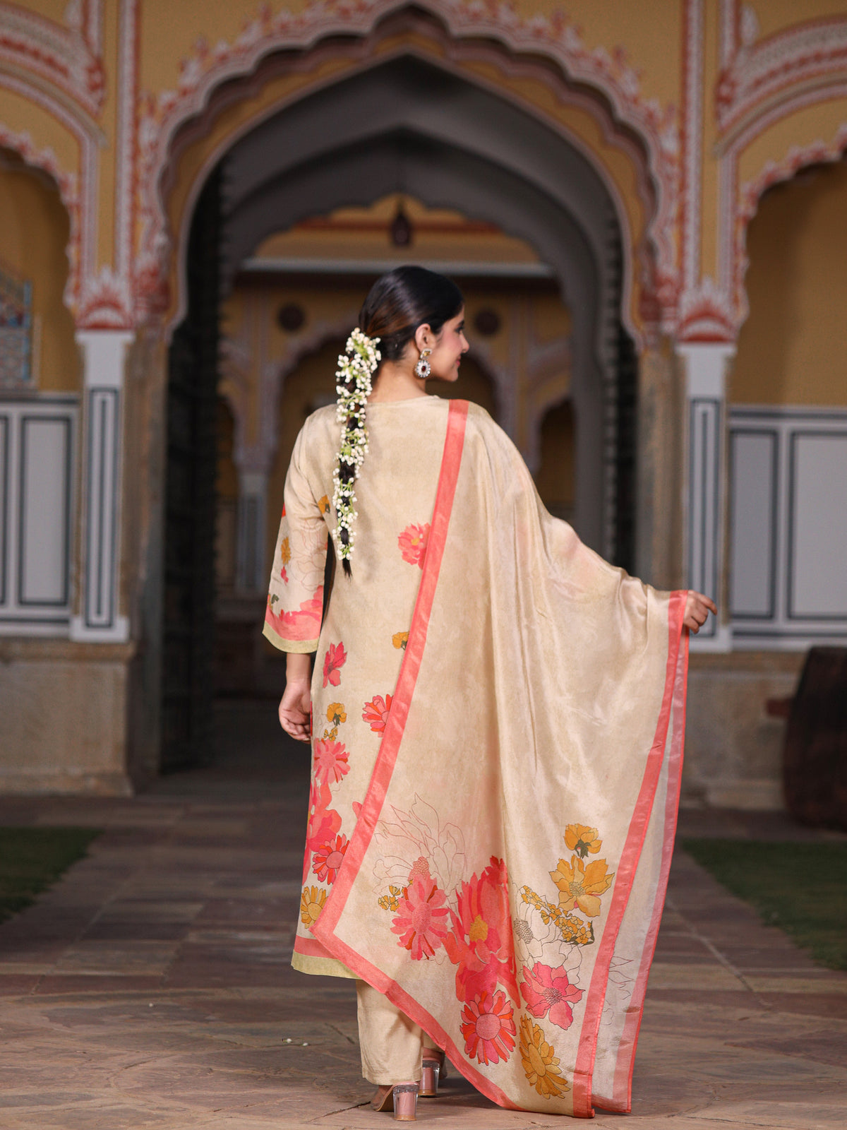 Cream Floral Shimmer Suit Set