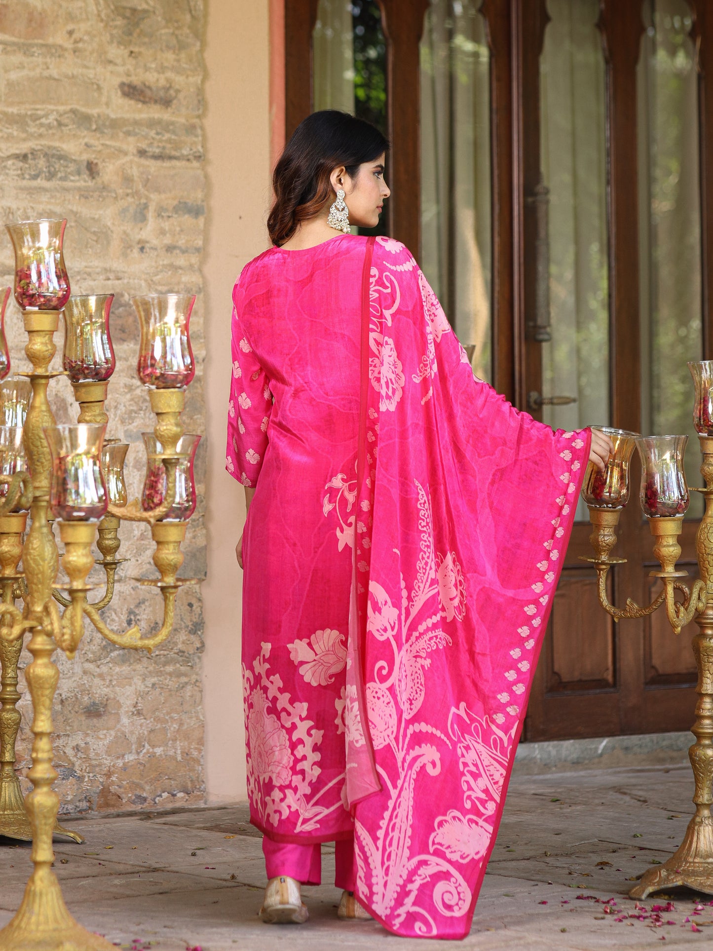 Fuchsia Pink Floral Crepe Suit Set