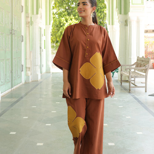 Poppy Brown Colour-Block Applique Co-ord Set