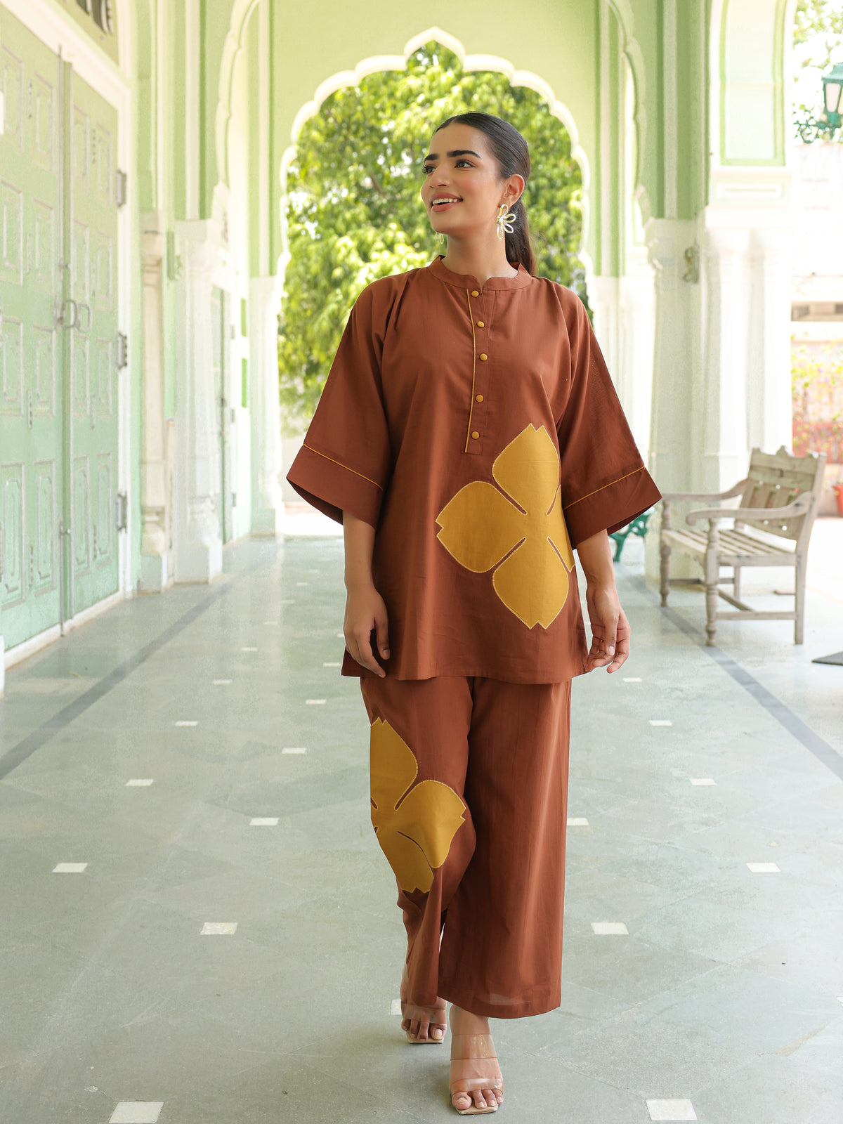 Poppy Brown Colour-Block Applique Co-ord Set