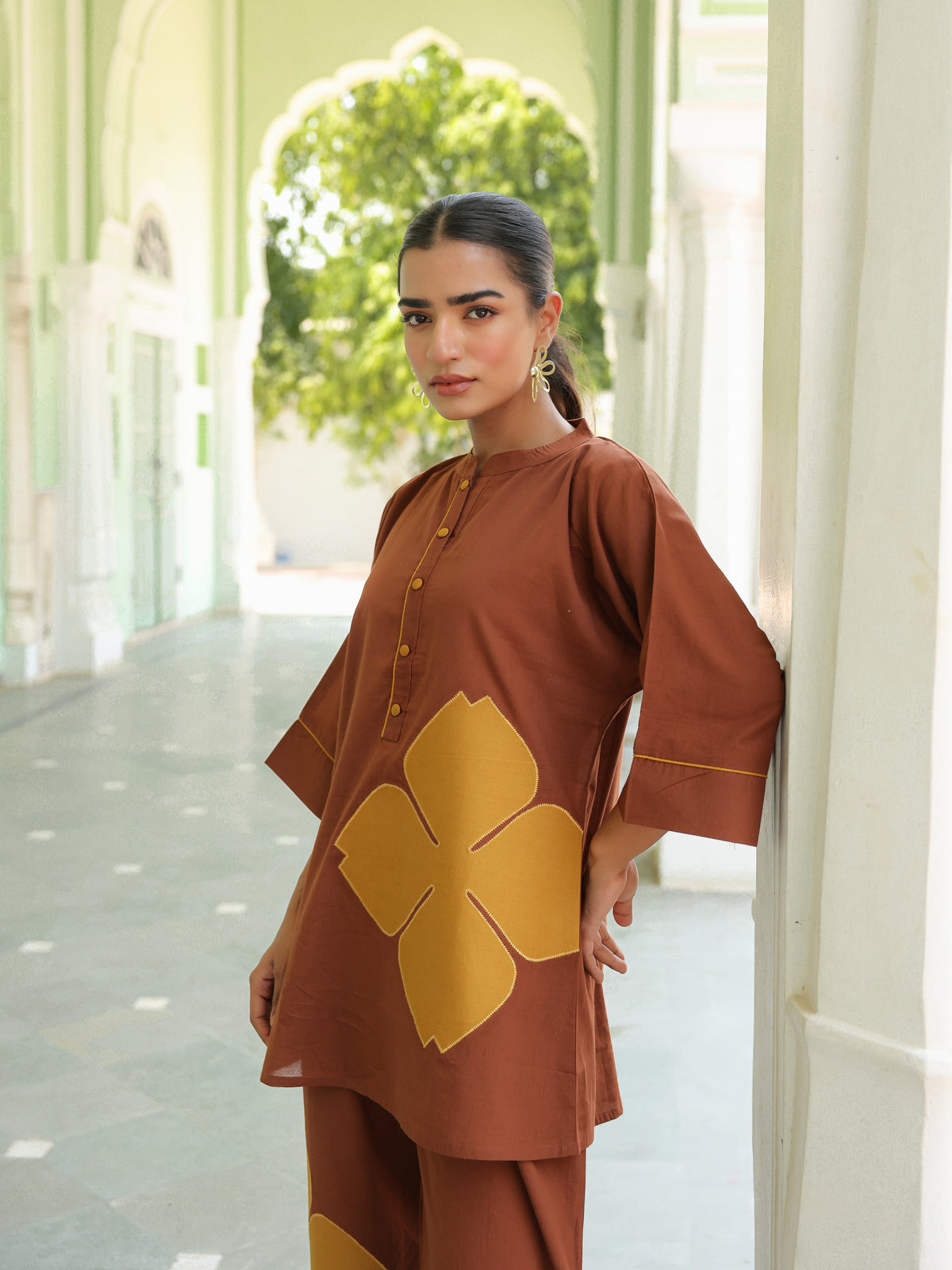 Poppy Brown Colour-Block Applique Co-ord Set