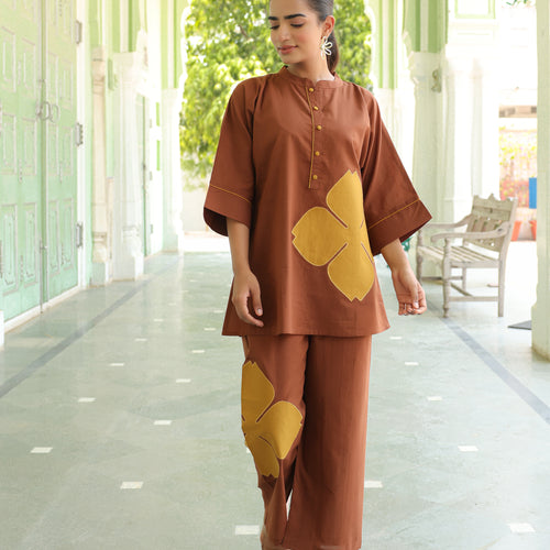 Poppy Brown Colour-Block Applique Co-ord Set