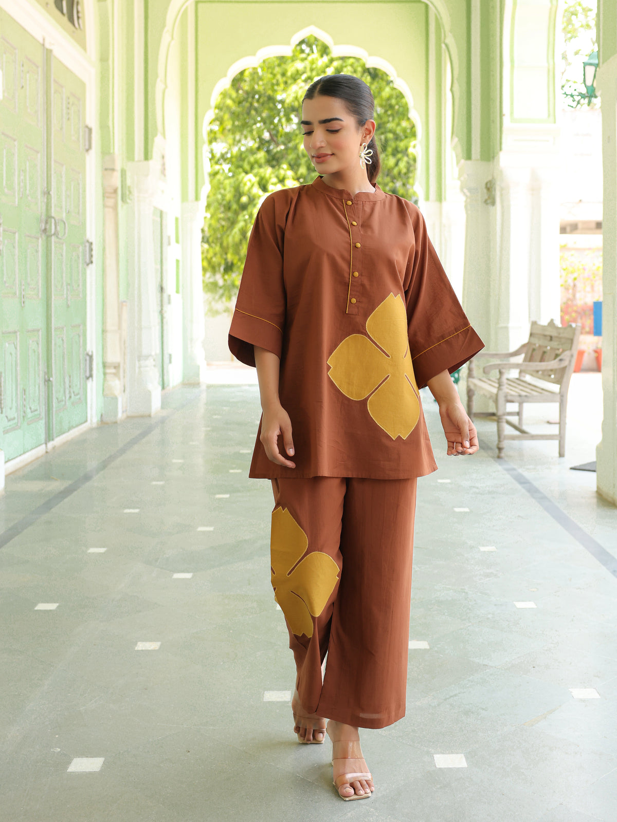 Poppy Brown Colour-Block Applique Co-ord Set