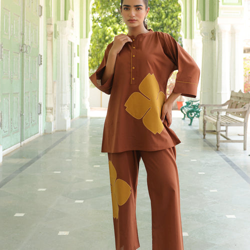 Poppy Brown Colour-Block Applique Co-ord Set