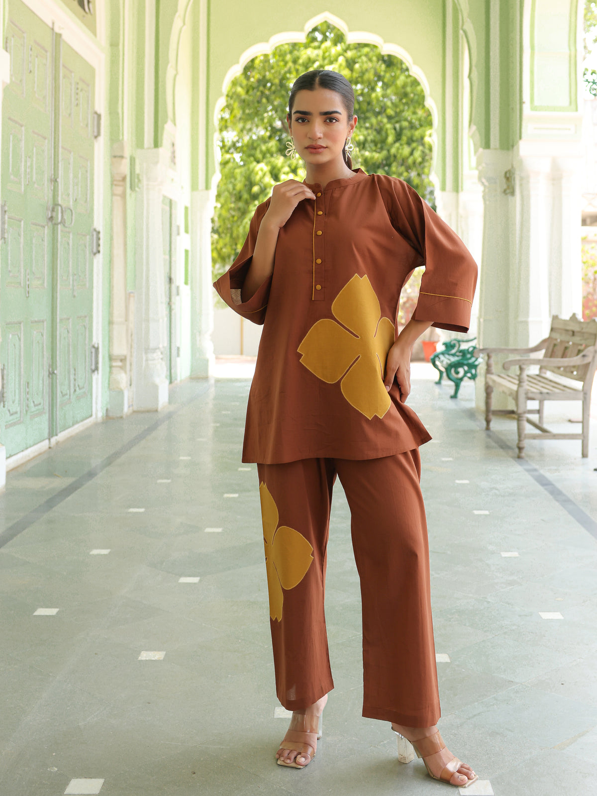Poppy Brown Colour-Block Applique Co-ord Set