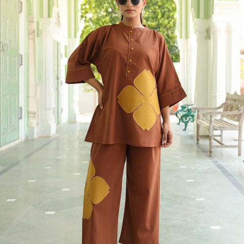 Poppy Brown Colour-Block Applique Co-ord Set