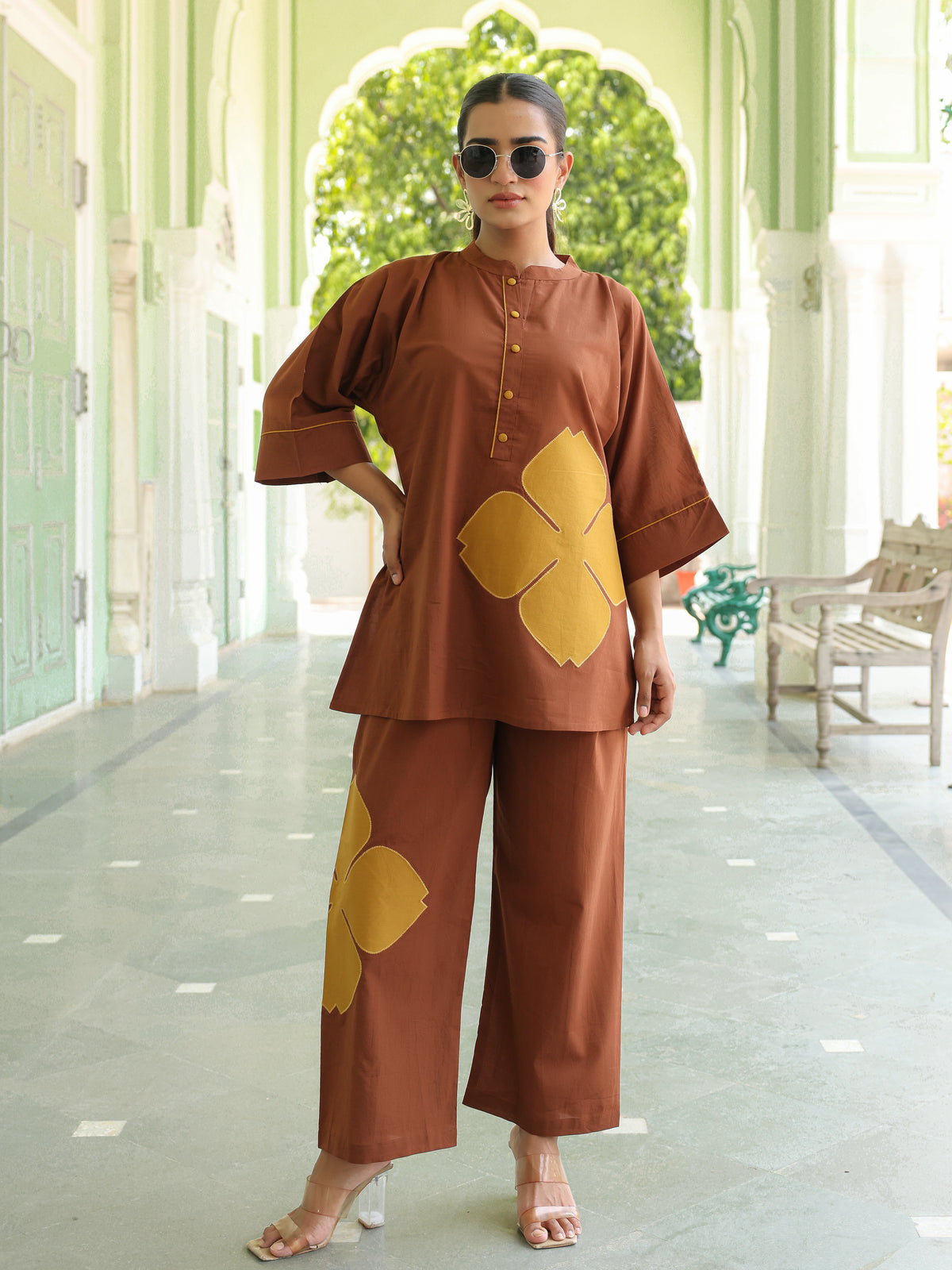 Poppy Brown Colour-Block Applique Co-ord Set