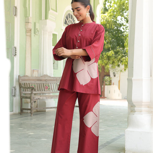 Poppy Maroon Colour-Block Applique Co-ord Set