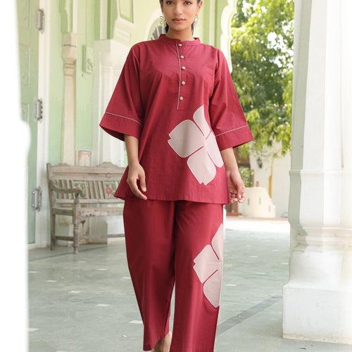 Poppy Maroon Colour-Block Applique Co-ord Set