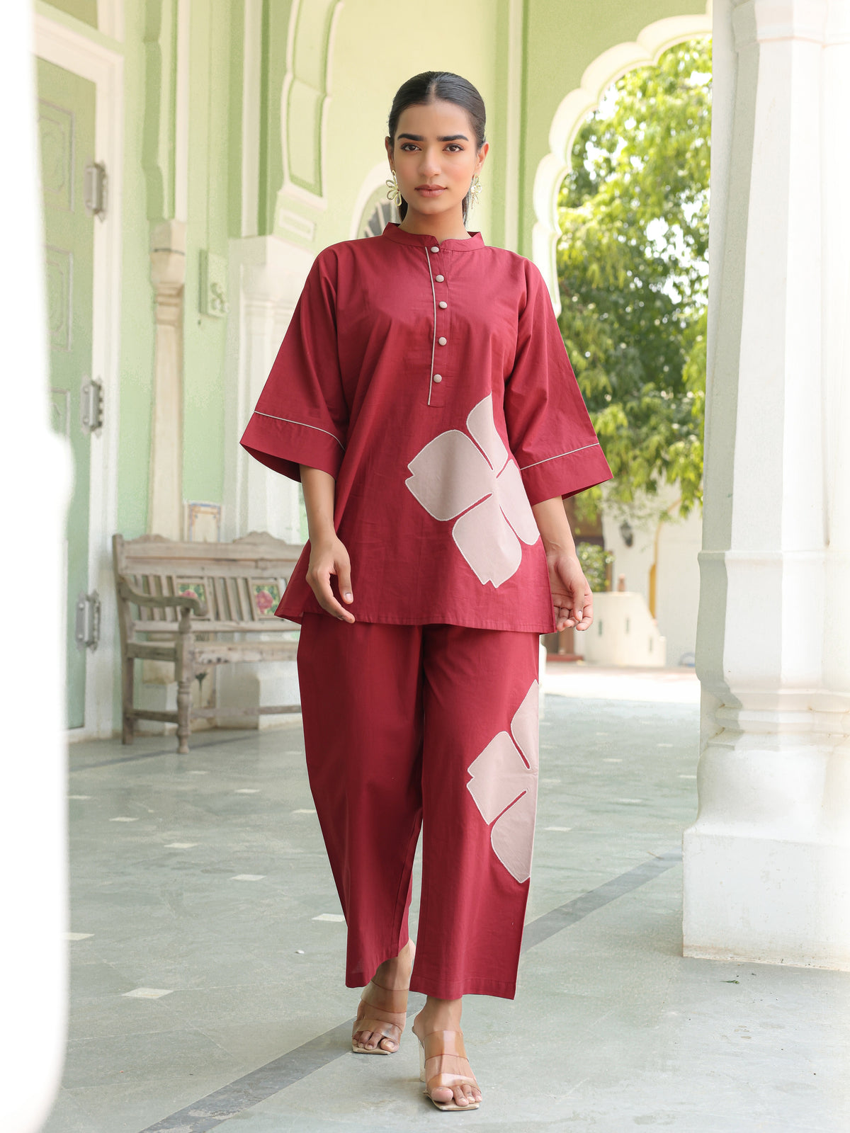 Poppy Maroon Colour-Block Applique Co-ord Set