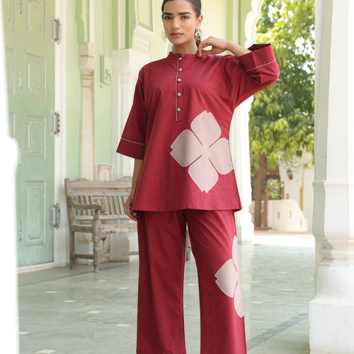 Poppy Maroon Colour-Block Applique Co-ord Set