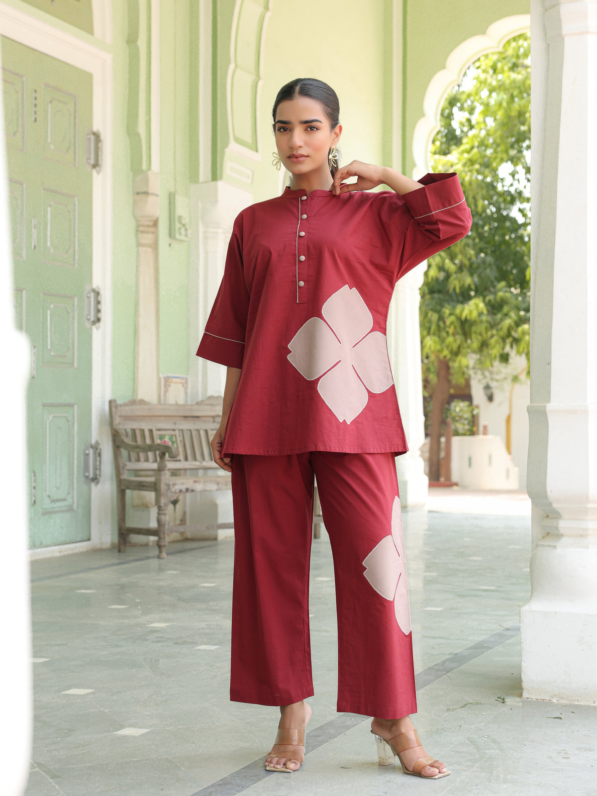 Poppy Maroon Colour-Block Applique Co-ord Set