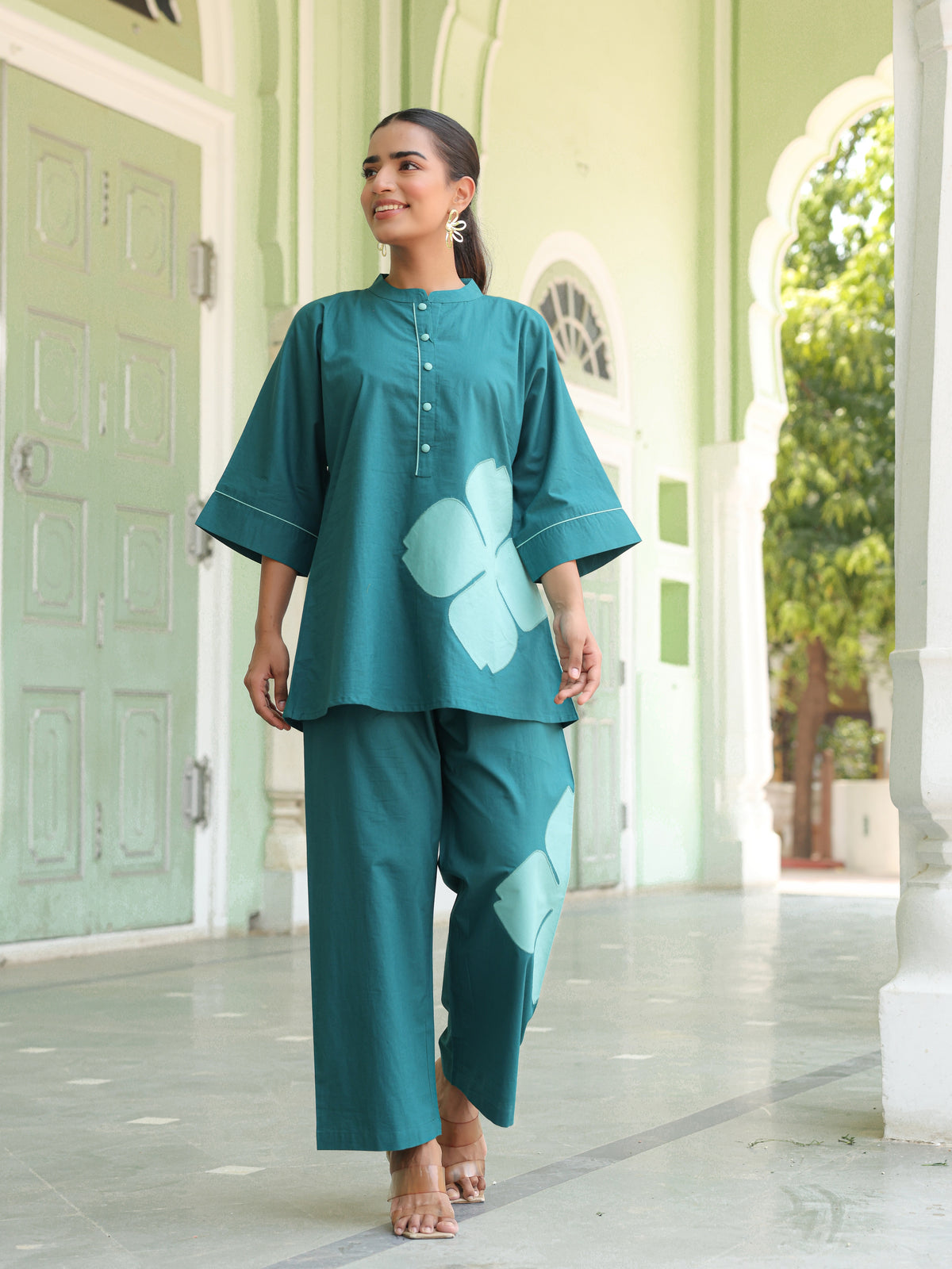 Poppy Teal Blue Colour-Block Applique Co-ord Set