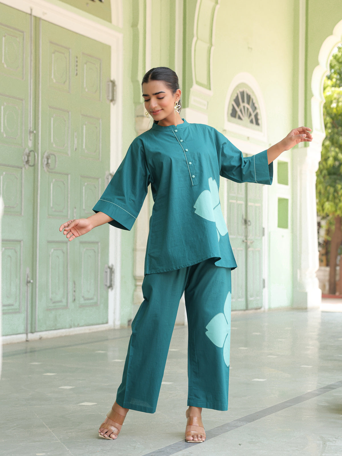 Poppy Teal Blue Colour-Block Applique Co-ord Set