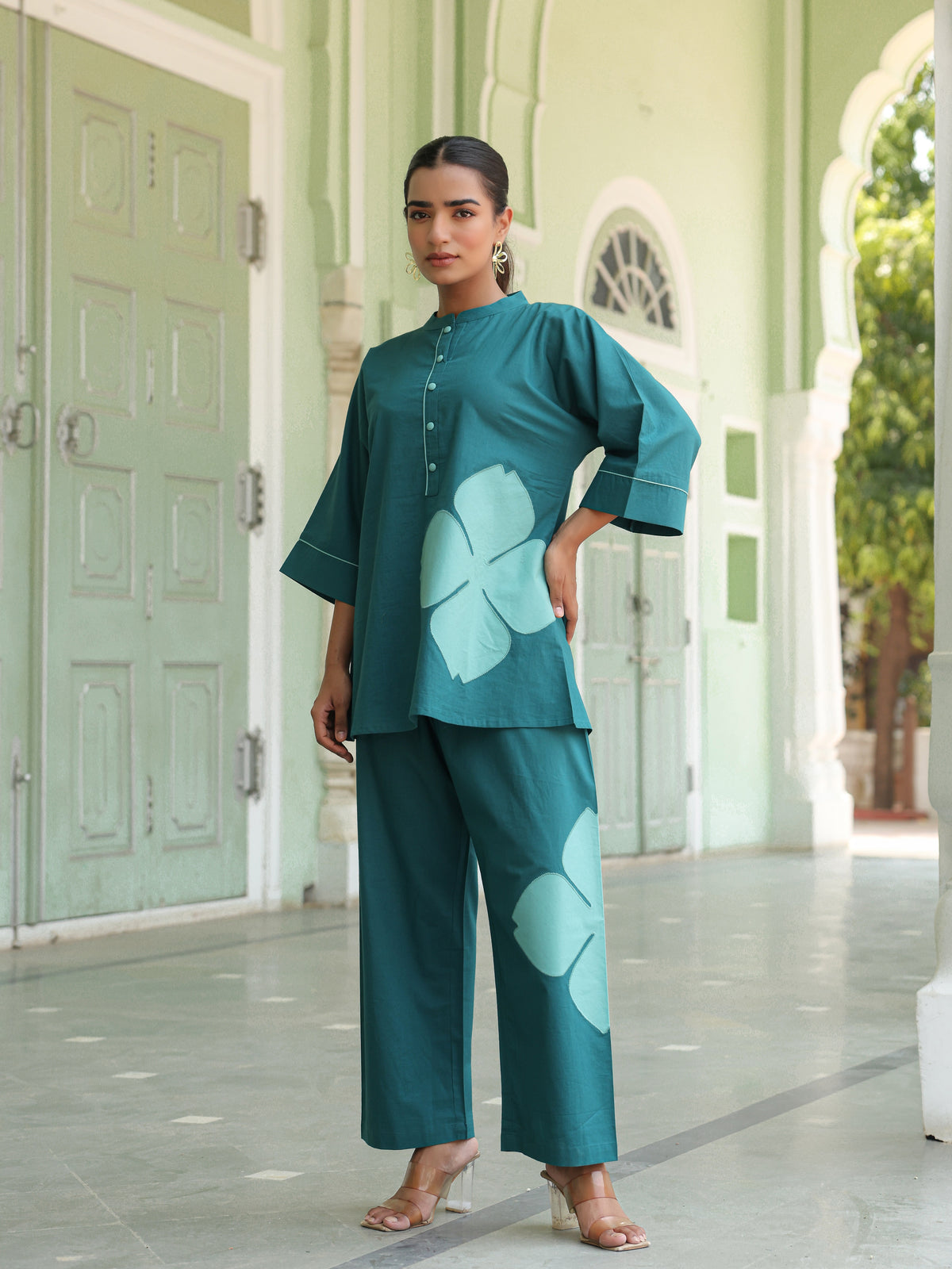 Poppy Teal Blue Colour-Block Applique Co-ord Set