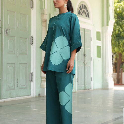 Poppy Teal Blue Colour-Block Applique Co-ord Set