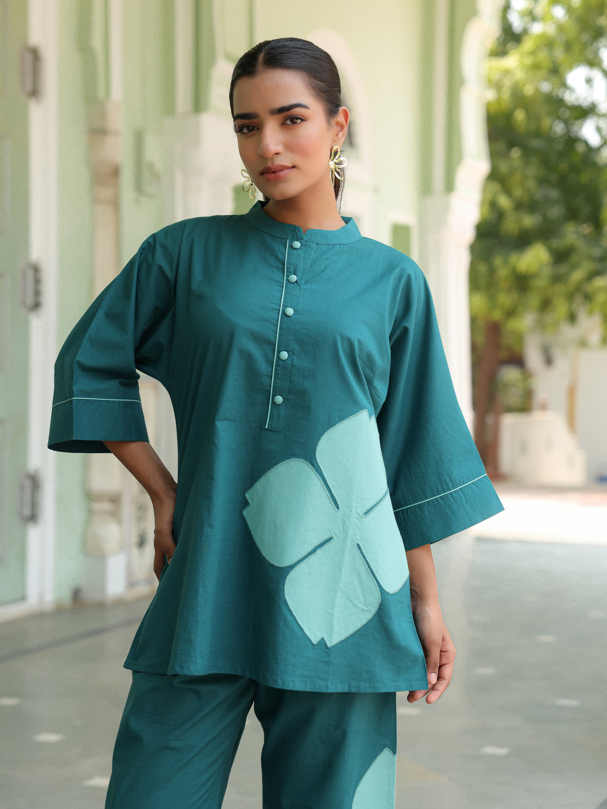 Poppy Teal Blue Colour-Block Applique Co-ord Set