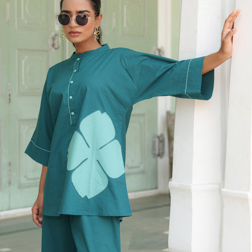 Poppy Teal Blue Colour-Block Applique Co-ord Set