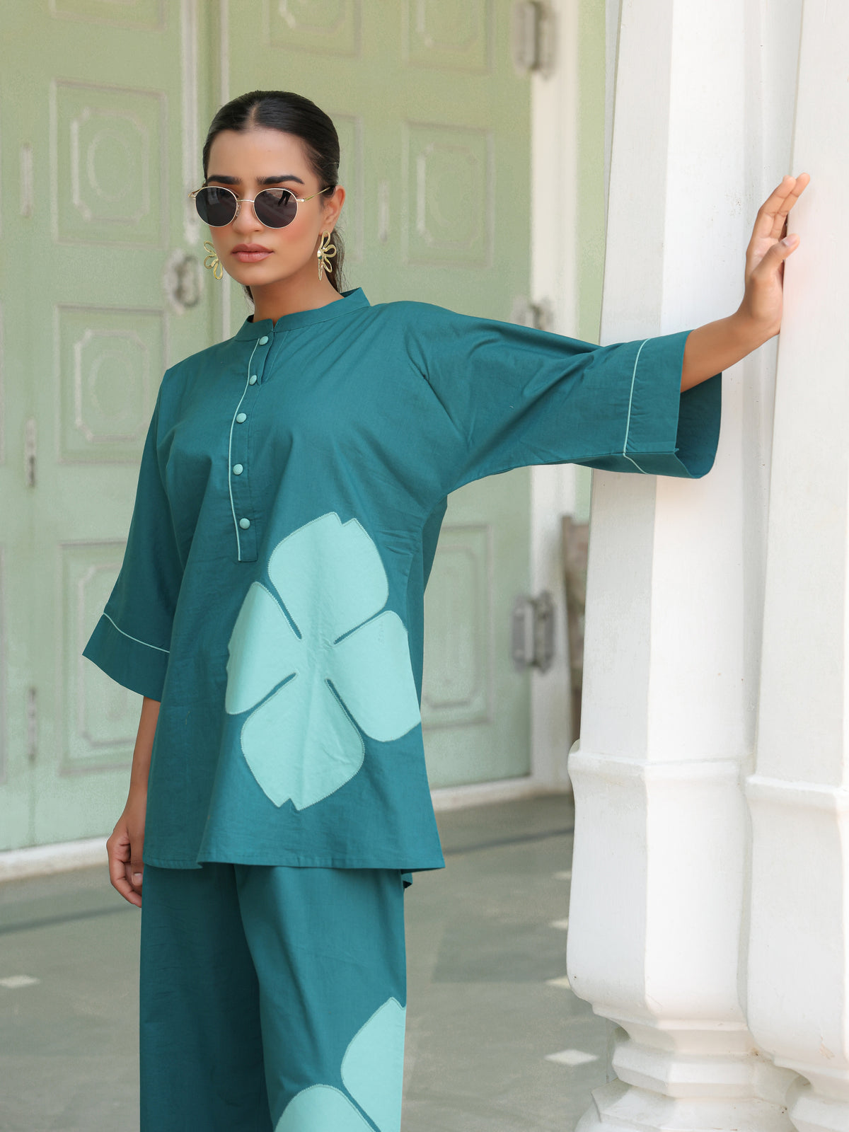 Poppy Teal Blue Colour-Block Applique Co-ord Set