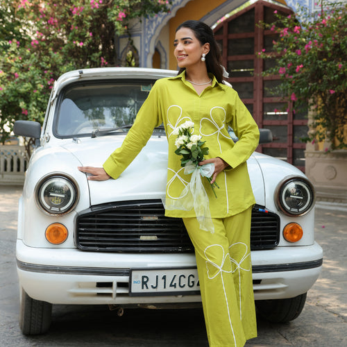 Bloom Green Pure Cotton Embroidery Co-ord Set