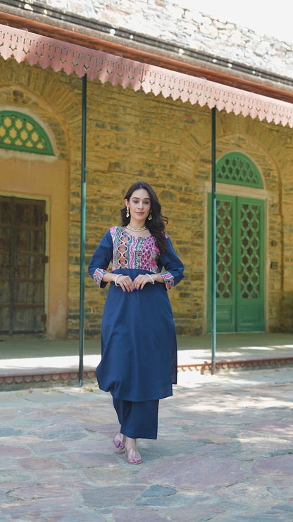 Teal blue Handloom-cotton Kurta Set