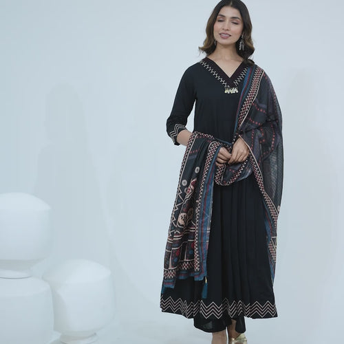 Black Anarkali Ajrakh Dupatta suit set