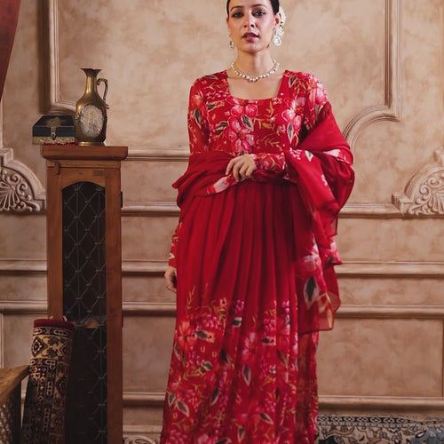 Red Organza Anarkali Suit Set