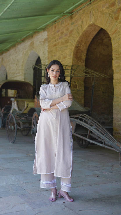 Beige Handloom-cotton Kurta Set