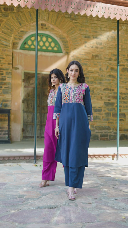 Teal blue Handloom-cotton Kurta Set