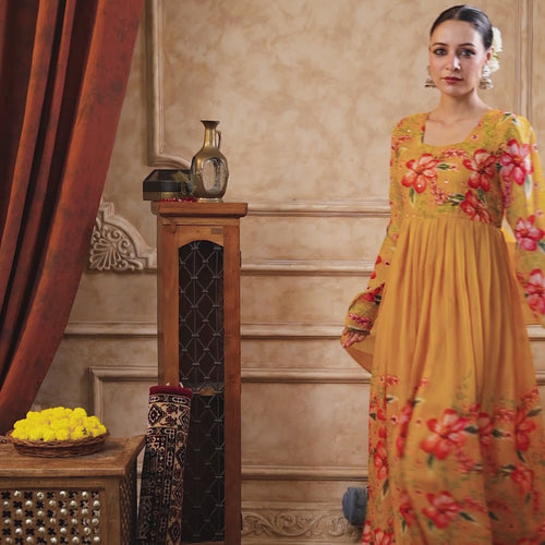 Mustard Organza Anarkali Suit Set