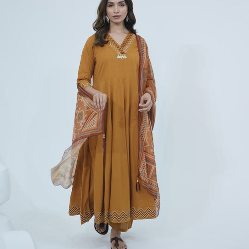 Mustard Anarkali Ajrakh Dupatta suit set