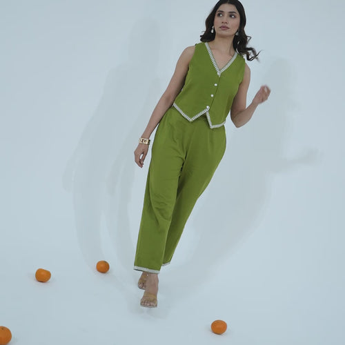 Olive Embroidered Vest Set