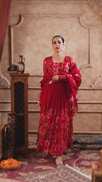 Red Organza Anarkali Suit Set