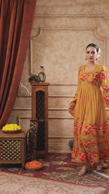 Mustard Organza Anarkali Suit Set