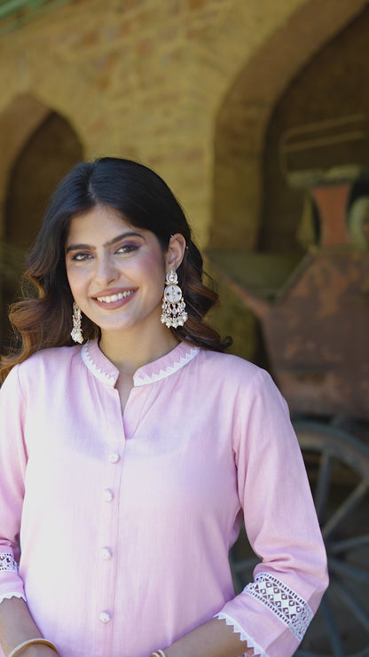 Baby Pink Handloom-cotton Kurta Set