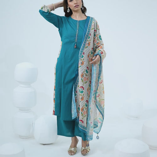 Blue Cotton Printed Dupatta Kurta Set
