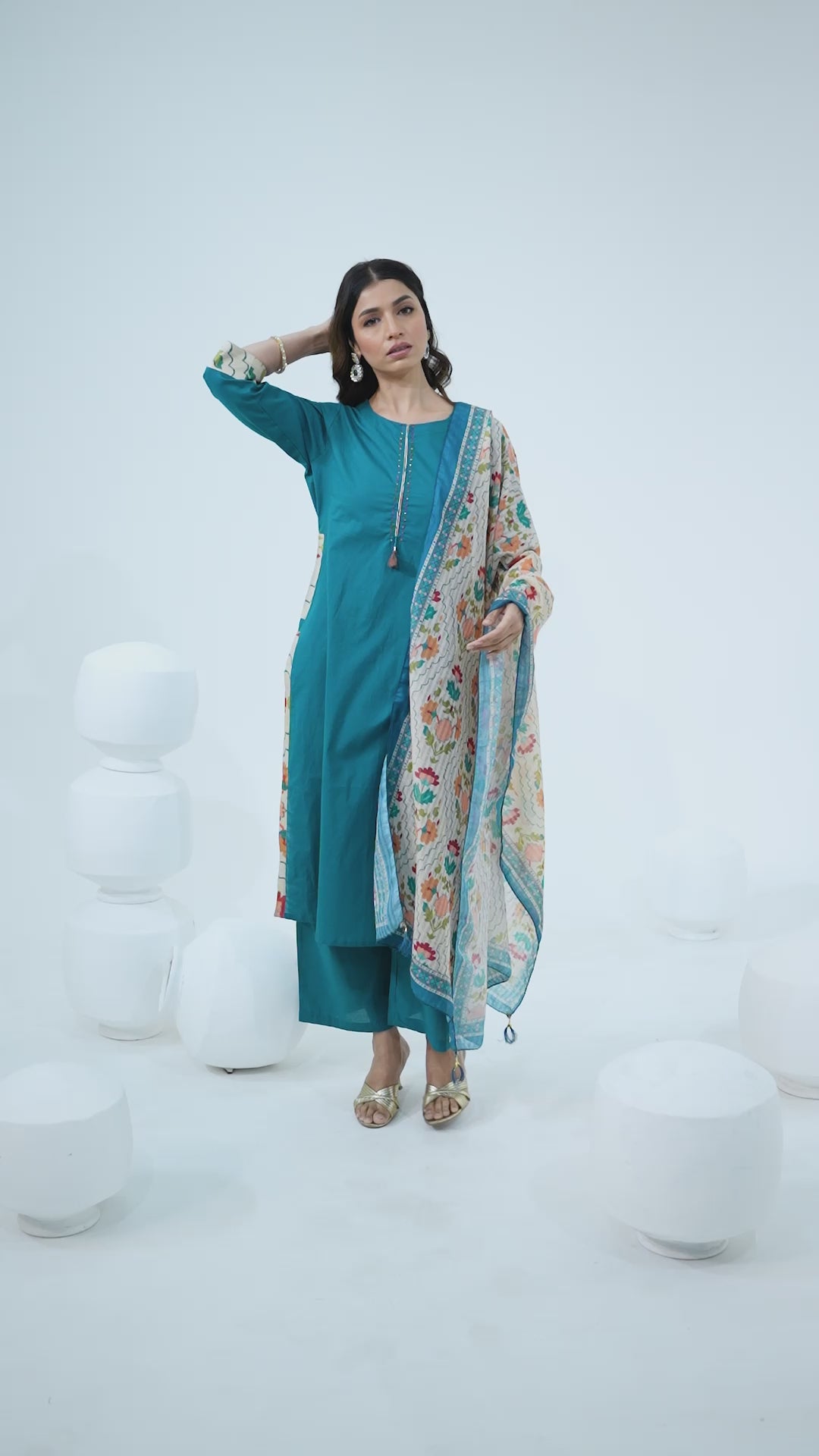 Blue Cotton Printed Dupatta Kurta Set