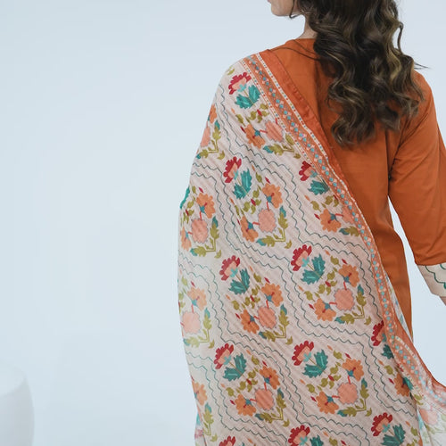 Rust Cotton Printed Dupatta Kurta Set