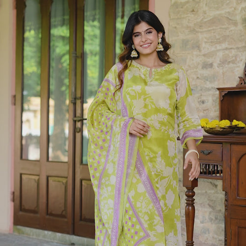 Pastel Green Floral Shimmer Suit Set