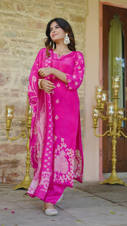 Fuchsia Pink Floral Crepe Suit Set