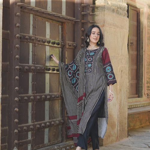 Black Ajrakh Muslin Suit Set