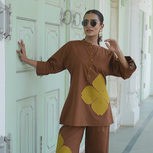 Poppy Brown Colour-Block Applique Co-ord Set