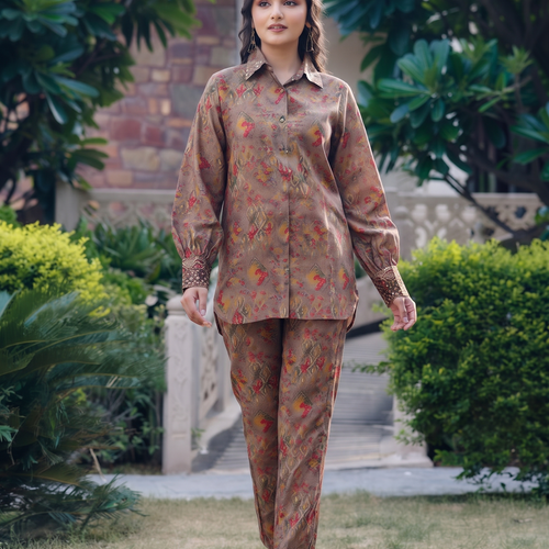 Beige Button-down Abstract Co-ord Set