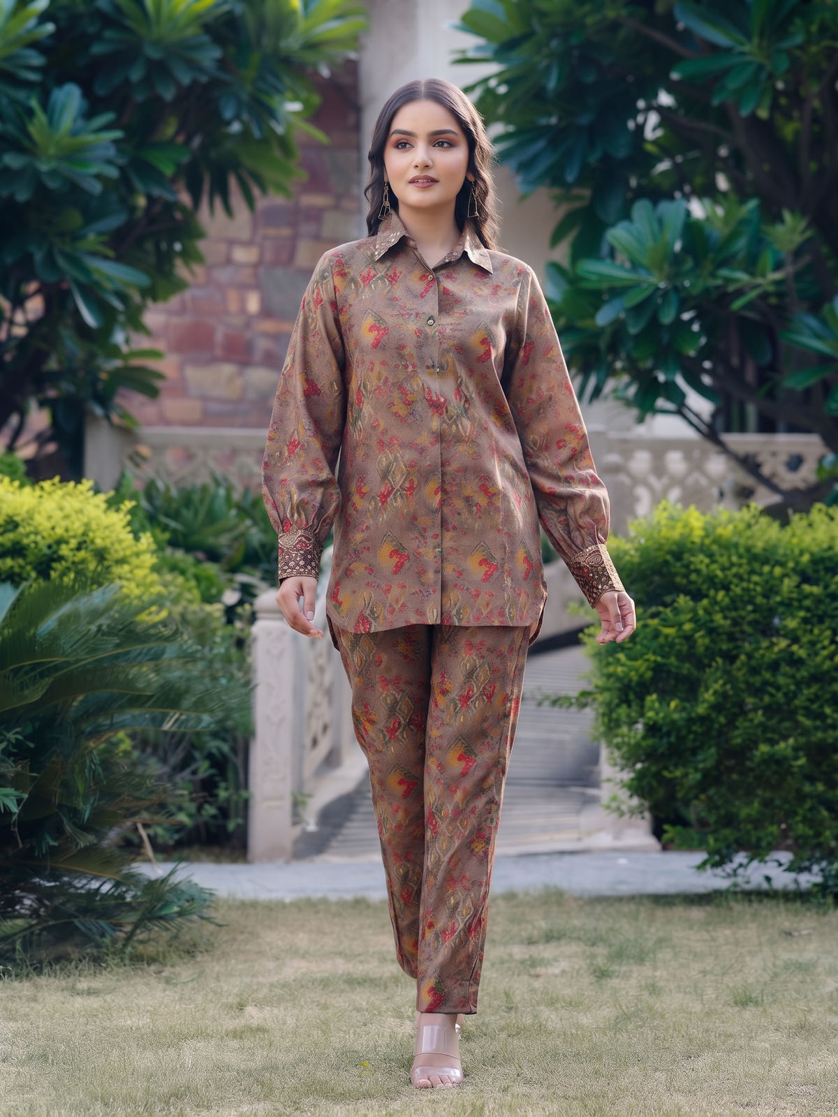 Beige Button-down Abstract Co-ord Set