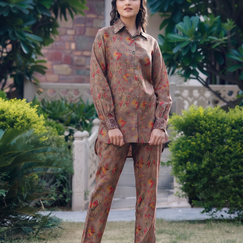 Beige Button-down Abstract Co-ord Set