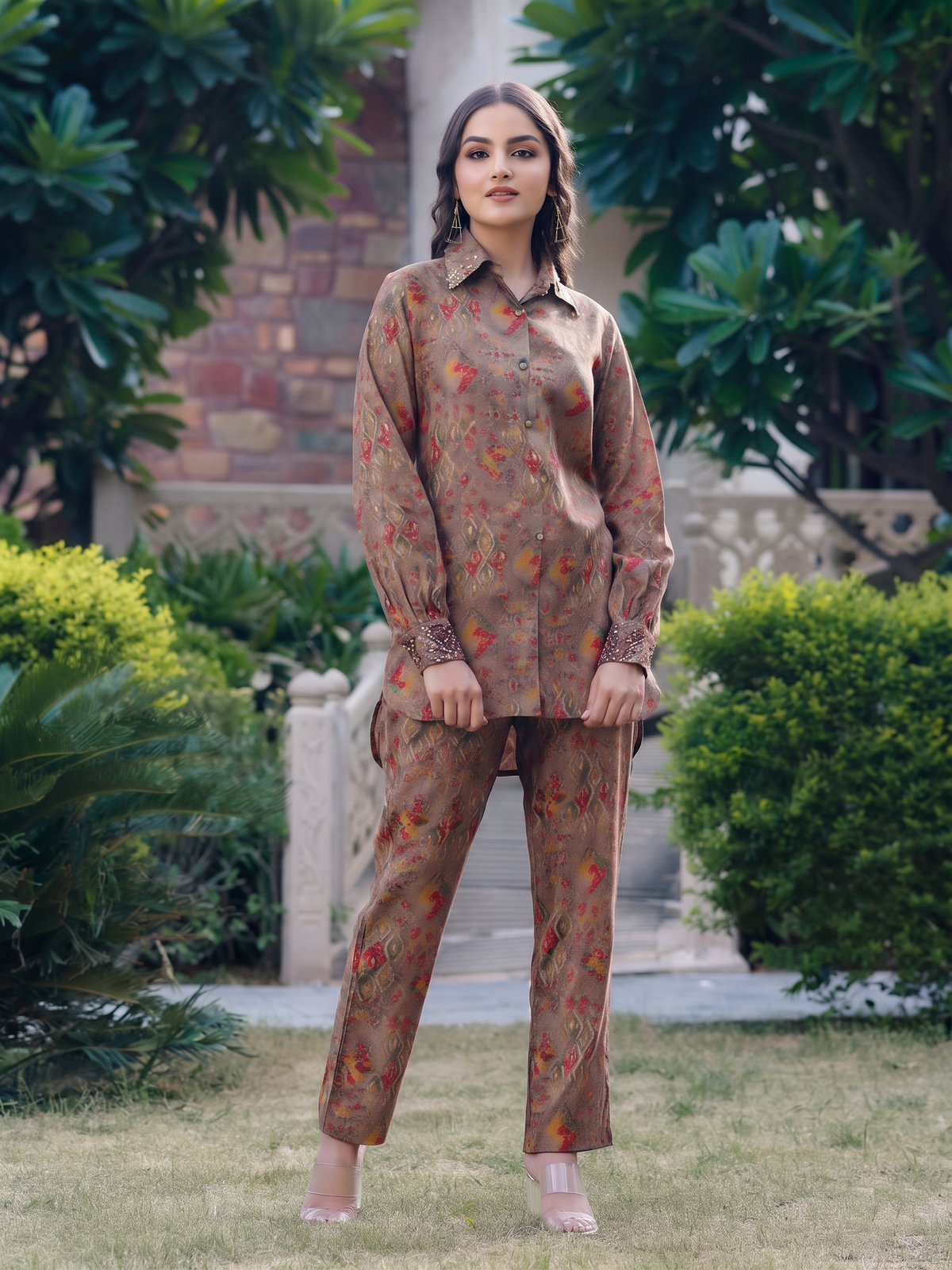 Beige Button-down Abstract Co-ord Set